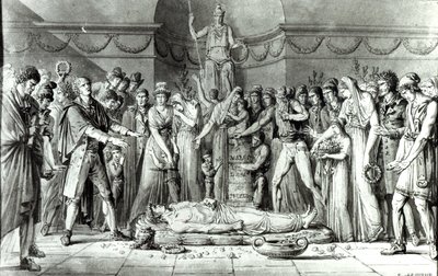 क्लब डे कॉर्डेलर्स के चैपल में जीन पॉल मराट (1743-93) का अंतिम संस्कार, 16 जुलाई 1793, सी .1793 (कागज पर पेन की स्याही) द्वारा ई। ले सुउर