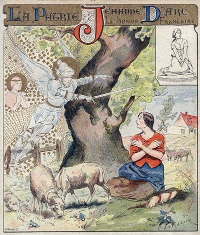 युवा जोन ऑफ आर्क (1412-1431) ने स्वर्गदूतों की आवाज सुनकर उसे सौ साल के युद्ध के दौरान फ्रांस की सहायता के लिए आने के लिए कहा - स्कूली किताबों के लिए एक सुरक्षात्मक आस्तीन से, 19 वीं शताब्दी के अंत में - द यंग जोन ऑफ आर्क (1412) -१४३१) आवाज सुनना द्वारा ई। लेटलियर