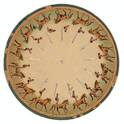zoopraxiscope डिस्क एक कलाबाज़ को दिखाते हुए एक घोड़ा प्रदर्शन करती है, जो 1893 में हुआ था द्वारा एडवियर्ड मुयब्रिज