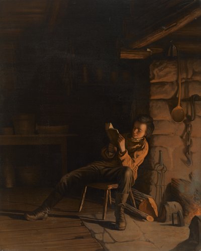 द बॉयहुड ऑफ़ लिंकन। (लॉग हट में एक शाम।), 1868 (बोर्ड पर कागज पर क्रोमोलिथोग्राफ) द्वारा ईस्टमैन जॉनसन