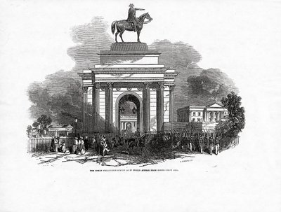 ग्रेट वेलिंगटन स्टैच्यू जैसा कि 3 अक्टूबर 1846 को &39;द इलस्ट्रेटेड लंदन न्यूज&39; में प्रकाशित संविधान हिल से दिखाई देगा द्वारा एबेनेजर लैंडल्स