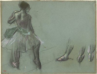 पीछे से देखा गया डांसर और पैरों का तीन अध्ययन, c. 1878. द्वारा एडगर डीगास