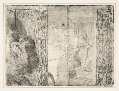 लोगेस डेक्ट्रिस (अभिनेत्री के ड्रेसिंग रूम), c.1875 (नक़्क़ाशी और जलीय) द्वारा एडगर डीगास