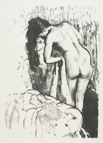 न्यूड वूमेन स्टैंडिंग, ड्राईंग हैर्सेल्फ, 1891-1892। द्वारा एडगर डीगास