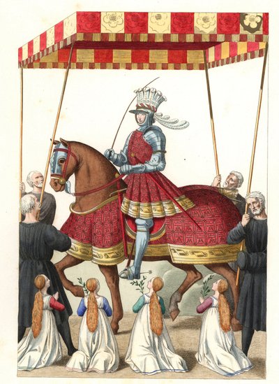 फ्रांस के राजा लुई बारहवीं (1462-1515), जीन मारोट (या डेसमेरेट्स, लगभग 1450-लगभग 1526) द्वारा एक लघु के बाद - एडमंड लेचेवेलियर-चेविग्नार्ड (1825-1902) के एक चित्रण से लिथोग्राफी, "16 वीं की ऐतिहासिक वेशभूषा" से द्वारा एडमंड लेचेवेलियर-चेविग्नार्ड