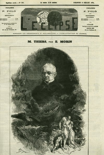 एडोल्फ थियर्स का पोर्ट्रेट (1797-1877), फ्रांसीसी राजनीतिज्ञ। ई. मोरिन द्वारा "" L'Eclipse"" में कवर, जुलाई 12 द्वारा एडमंड मोरिन