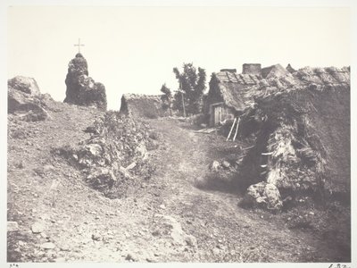 ऑवरगने में छप्पर वाले कॉटेज, कलवारी के साथ, 1852, 1978 में छपे। द्वारा एडवर्ड बाल्डस