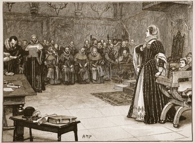 फ़ॉर्शिंगय कैसल में मैरी क्वीन ऑफ़ स्कॉट्स का परीक्षण, &39;कासेल इलस्ट्रेटेड हिस्ट्री ऑफ़ इंग्लैंड&39; (सेपिया फोटो) से चित्रण द्वारा एडोर्ड बेरविलर