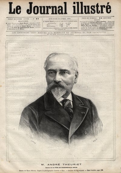 आंद्रे थ्यूरिएट का पोर्ट्रेट (1833-1907), फ्रांसीसी उपन्यासकार, कवि और शिक्षाविद - 1891 के "ले जर्नल इलस्ट्रियस" में नवेलियर द्वारा उत्कीर्णन द्वारा एडोर्ड फेलिसियन यूजीन नेवलियर