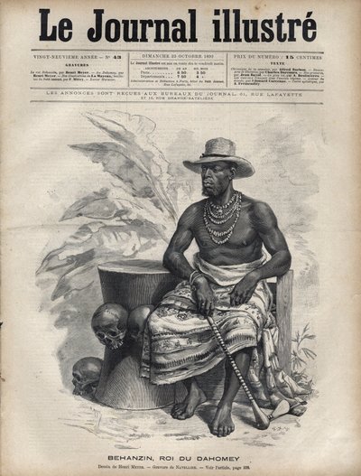 बेहानज़िन का चित्र (1844-1900), डाहोमी (बेनिन) का राजा - 1892 की "द इलस्ट्रस डायरी" में नवेलियर द्वारा उत्कीर्णन द्वारा एडोर्ड फेलिसियन यूजीन नेवलियर