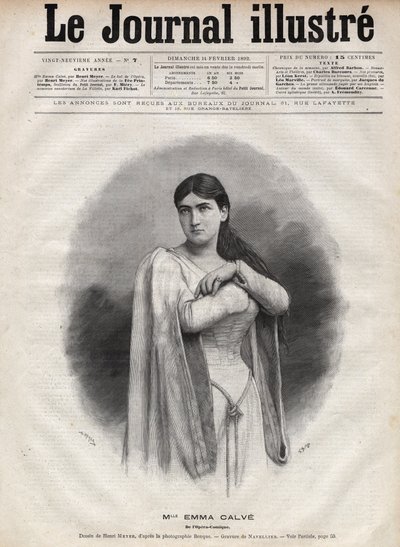 एम्मा कैल्वे का पोर्ट्रेट (रोजा नोएमी एम्मा कैल्वेट डी रोक्वेट, डिट) (1858-1942), फ्रेंच सोप्रानो - 1892 के "द इलस्ट्रस जर्नल" में नेवेलियर द्वारा उत्कीर्णन द्वारा एडोर्ड फेलिसियन यूजीन नेवलियर