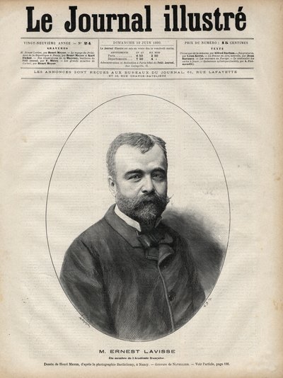 अर्नेस्ट लैविस का पोर्ट्रेट (1842-1922), फ्रांसीसी इतिहासकार और शिक्षाविद - 1892 के "ले जर्नल इलस्ट्रियस" में नवेलियर द्वारा उत्कीर्णन द्वारा एडोर्ड फेलिसियन यूजीन नेवलियर