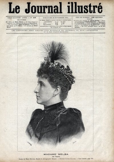 नेल्ली मेल्बा का पोर्ट्रेट (हेलेन पोर्टर मिशेल, डीआईटी) (1861-1931), ऑस्ट्रेलियाई सोप्रानो - 1891 के "द इलस्ट्रस जर्नल" में नेवेलियर द्वारा उत्कीर्णन द्वारा एडोर्ड फेलिसियन यूजीन नेवलियर