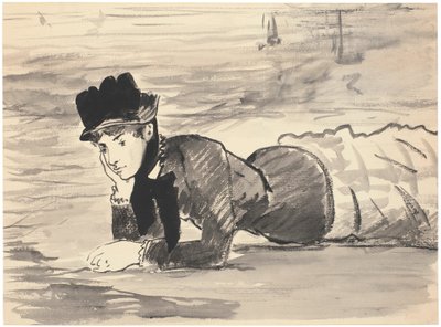 बीच पर लेटी महिला। एनाबेल ली, सी। 1881 (काले चाक पर ब्रश, ग्रे और काली स्याही; कलम और काली भूरी स्याही में फंसाया गया) द्वारा एडोर्ड मैनेट
