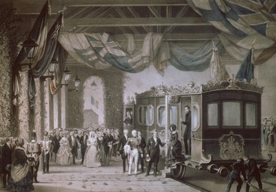क्वीन विक्टोरिया (1819-1901) और प्रिंस अल्बर्ट (1819-61) गोस्पोर्ट स्टेशन, हेम्पशायर में पहुंचते हैं, जो बायोट और क्यूविलियर द्वारा उत्कीर्ण है, 1846 द्वारा एडौर्ड पिंग्रेट