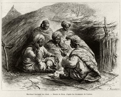 एक व्यापारी एक ग्राहक को आकर्षित करता है, फर्श पर, एक छोटी सी चटाई पर, वह एक पैमाना पकड़कर वस्तु बनाता है। 1887-1889 में कैप्टन लुई गुस्ताव बिंगर (1856-1936) की कहानी "नाइजर फ्रॉम द गल्फ ऑफ गाइनी" को चित्रित करने के लिए रियो द्वारा उकेरा गया। द्वारा एडौर्ड रिउ