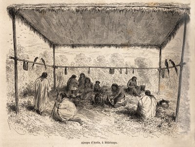 बिटिकाराय (पेरू) में एंटी इंडियंस का अजूपा (अनिश्चित आवास निर्माण), रियो द्वारा चित्रित, प्रशांत महासागर से अटलांटिक महासागर की यात्रा का चित्रण द्वारा एडौर्ड रिउ