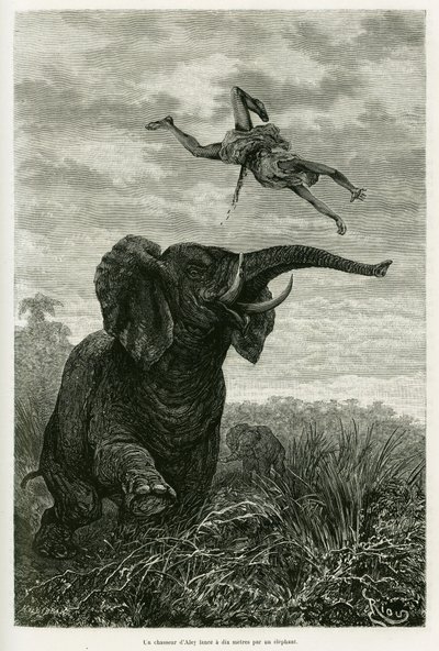एली का शिकारी हाथी से एक मील दूर फेंकता है। 1883-1885 में, एडौर्ड चार्टन (1807-1890), हैचेट के निर्देशन में, 1883-1885 में, टूर डू मोंडे 1886 में, विक्टर गिरौद द्वारा, जहाज के पताका द्वारा, लेस लैक्स डे ल'अफ्रीक इक्वेटोरियल की कहानी को चित्रित करने के  द्वारा एडौर्ड रिउ
