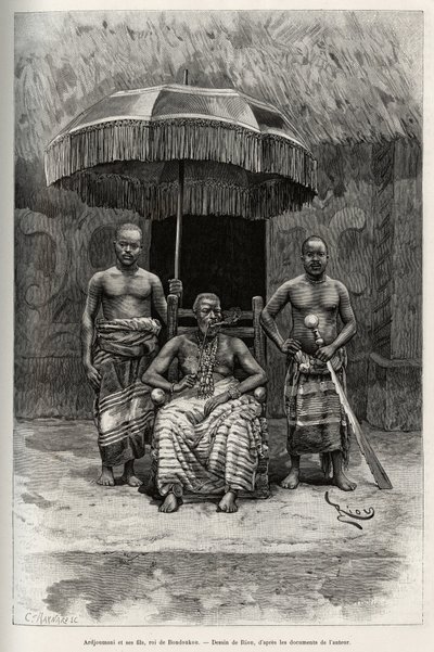 अर्दजौमानी (निधन हो गया 1892) और उनके बेटे, बोंडोकौ (आइवरी कोस्ट) के राजा। 1887-1889 में, ले टूर डू मोंडे, नोव्यू जर्नल डेस वोयाग में कैप्टन लुई गुस्ताव बिंगर (1856-1936) द्वारा कहानी "" नाइजर से गिनी की खाड़ी तक "" कहानी को चित्रित करन द्वारा एडौर्ड रिउ
