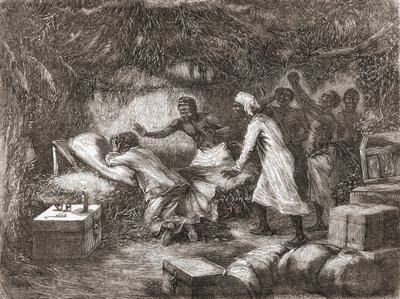 डॉ। लिविंगस्टोन की मृत्यु, 1873 में अफ्रीका के टीचिटाम्बो गाँव में, "द वर्ल्ड इन द हैंड्स" से चित्रण, 1878 में प्रकाशित द्वारा एडौर्ड रिउ