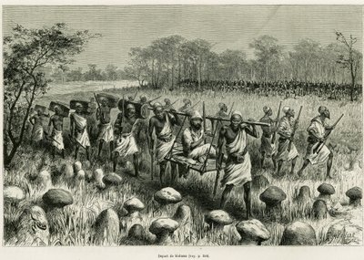 कुलियों के साथ अपनी कुर्सी पर कथाकार यात्री कलासा से विदा। 1883-1885 में, एडौर्ड सी के निर्देशन में, 1883-1885 में, टूर डू मोंडे 1887 में, विक्टर जिराउड द्वारा, लेस लैक्स डे ल'एफ्रिक इक्वेटोरियल की कहानी को चित्रित करने के लिए रिओ द्वारा उत्कीर्णन द्वारा एडौर्ड रिउ