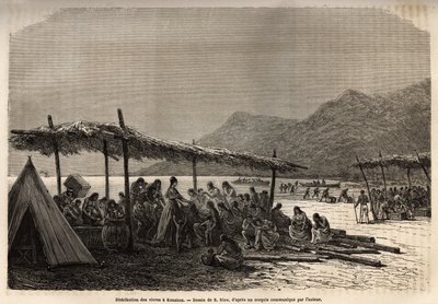 1868 के भूकंप और ज्वालामुखी विस्फोट के बाद, आपदा के शिकार लोगों के लिए केउहो में भोजन का वितरण, ई.रिउ के चित्र के बाद उत्कीर्णन, 1855-1869 में सैंडविच द्वीप समूह की यात्रा को दर्शाते हुए, सी। डी वेरगिन द्वारा, Le में प्रकाशित द्वारा एडौर्ड रिउ