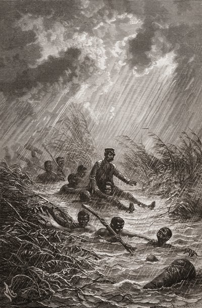 डॉ। डेविड लिविंगस्टोन को 1872 में अफ्रीका में उनके अभियान के दौरान पोर्टर्स द्वारा एक दलदल के माध्यम से ले जाया जा रहा था, चार्ल्स लैपलैंट द्वारा उकेरा गया "द वर्ल्ड इन द हैंड्स" से चित्रण। द्वारा एडौर्ड रिउ