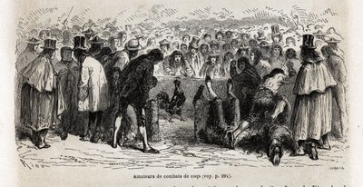 1848 से 1860 तक पॉल मार्कोय द्वारा दक्षिण अमेरिका के माध्यम से यात्रा को चित्रित करने के लिए, कुज़्को में, कुज़्को में, जानवरों की मौत की लड़ाई को देखने के लिए, हर रविवार को कैनचा डी गैलोस (30 फीट की परिधि का सर्कस) के आसपास सेनानियों को इकट्ठा किया जाता ह द्वारा एडौर्ड रिउ