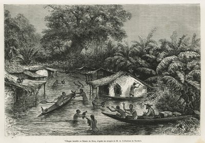 1875-1877 में अल्फ्रेड मार्चे द्वारा गैबॉन और ओगौ नदी की यात्रा की कहानी को चित्रित करने के लिए, रिओ द्वारा चित्रित इनोंडेस गांव। ले टूर डू मोंडे में उत्कीर्णन द्वारा एडौर्ड रिउ