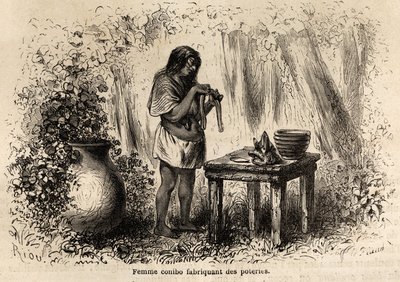 पेरू से एक कोनिबो भारतीय द्वारा मिट्टी के बर्तनों का निर्माण, प्रशांत महासागर से अटलांटिक महासागर तक, पी. मार्कॉय की 1848 से 1860 तक की यात्रा को चित्रित करने के लिए रिओ द्वारा चित्रित। एडौर्ड चार्टन द्वारा संपादित "" ले टूर डू मोंडे "" द्वारा एडौर्ड रिउ