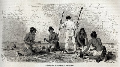 पॉल मार्कॉय ने 1848 से 1860 तक प्रशांत महासागर से अटलांटिक महासागर तक पॉल मार्कॉय की यात्रा को चित्रित करने के लिए, रिओ द्वारा चित्रित सरयाकु (पेरू) की विधवाओं के साथ एक कालीन बनाना सीखा। "ले टूर डू मोंडे" में उत्कीर्णन, संपादित एडौर्ड चार्टन द्व द्वारा एडौर्ड रिउ