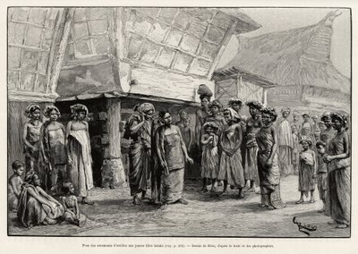 उत्तरी सुमात्रा के जातीय समूह, बटक लड़कियों को कान के गहने बजाना। जूल्स क्लेन (1856-1939) द्वारा "मलेशिया में एक वर्ष" कहानी को चित्रित करने के लिए रियो द्वारा उत्कीर्णन द्वारा एडौर्ड रिउ