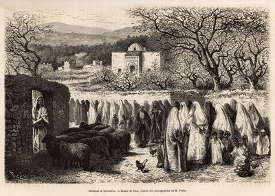 1875 में ई. डी लोराल द्वारा टेलमसेन (अल्जीरिया) की यात्रा का चित्रण करते हुए, ई.रिउ द्वारा एक चित्र के बाद उकेरा गया, मारबाउट डी टलेमसेन (इस्लाम के एक आदमी के गुंबद के साथ मकबरा) के लिए जुलूस, "" में प्रकाशित हुआ। ले टूर डू मोंडे ”” ”1875, एडौर्ड द्वारा एडौर्ड रिउ