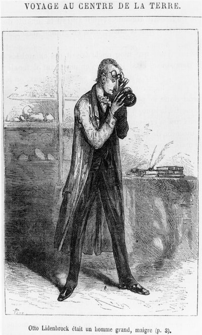 प्रोफेसर ओटो लिडेनब्रोक, जूल्स वर्ने (1828-1905) पेरिस, हेत्ज़ेल द्वारा &39;जर्नी टू द सेंटर ऑफ़ द अर्थ&39; का चित्रण द्वारा एडौर्ड रिउ