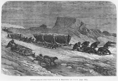 पैक आइस के माध्यम से स्लेज को खींचना, हेनरी थियोफाइल हिल्डिब्रेंड (1824-97) द्वारा उत्कीर्ण जूलियस प्रार्थना (1841-1915) द्वारा &39;एक्सपीडिशन डू तेगथॉफ&39; से चित्रण। द्वारा एडौर्ड रिउ