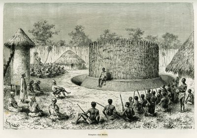 कथावाचक के साथ जनजाति प्रमुख Mkwewe में स्वागत। 1883-1885 में, एडौर्ड चार्टन (1807-1890) के निर्देशन में, 1883-1885 में, टूर डू मोंडे 1886 में, विक्टर जिराउड द्वारा, लेस लैक्स डे ल'एफ्रिक इक्वेटोरियल की कहानी को चित्रित करने के लिए रिओ द्वारा उत्कीर्णन द्वारा एडौर्ड रिउ