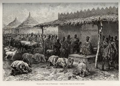 वाघडौगौ (औगाडौगौ, बुर्किना फासो) के मोसी साम्राज्य (या मोसे) से नाबा सनम में स्वागत। 1887-1889 में ले टौ में कैप्टन लुई गुस्ताव बिंगर (1856-1936) द्वारा "नाइजर से गाइनी की खाड़ी तक" कहानी को चित्रित करने के लिए रिओ द्वारा उत्कीर्णन द्वारा एडौर्ड रिउ