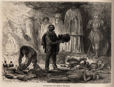 1848 से 1860 तक प्रशांत महासागर से अटलांटिक महासागर तक पॉल मार्कॉय की यात्रा को चित्रित करने के लिए, सरयाकु (पेरू) में संतों की मूर्तियों की बहाली, 1848 से 1860 तक प्रशांत महासागर से पॉल मार्कॉय की यात्रा को चित्रित करने के लिए। एडौर्ड चार्टन द्वारा संपादि द्वारा एडौर्ड रिउ