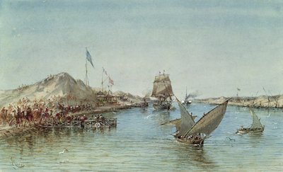 स्वेज नहर पर शिपिंग, एक स्मारिका एल्बम से 1869 में उद्घाटन पर महारानी यूजिनी (1826-1920) की यात्रा की स्मृति में (कागज पर wc) द्वारा Edouard Riou