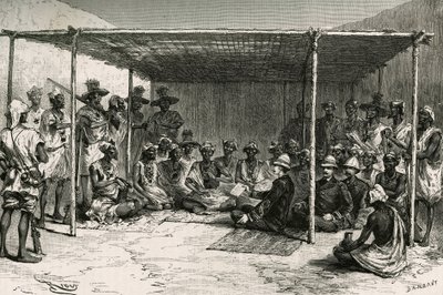 25 अप्रैल 1880 को कमांडर जोसेफ गैलिएनी (1849-1916) और टोकोंटन कीता के बीच फ्रांस के संरक्षक के तहत किता (पूर्व फ्रांसीसी सूडान, वर्तमान माली) देश को रखने वाली संधि पर हस्ताक्षर। एयू द्वारा एक स्केच के आधार पर रियो द्वारा उत्कीर्णन द्वारा एडौर्ड रिउ