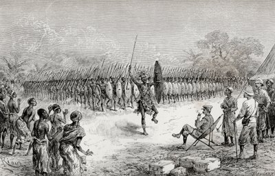सर हेनरी मॉर्टन स्टैनली, उस्सिरी, 1890 (लकड़ी के टुकड़े) में माजाम्बोनी के योद्धाओं द्वारा एक फालानक्स नृत्य देख रहे हैं द्वारा एडौर्ड रिउ