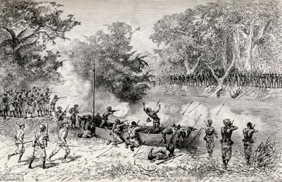 सर हेनरी मोर्टन स्टैनली के एमिन पाशा रिलीफ अभियान में जहर वाले तीरों, 1890 (लकड़ी की नक्काशी) का उपयोग करके अविसिब्बा नरभक्षी द्वारा हमला किया गया था। द्वारा एडौर्ड रिउ