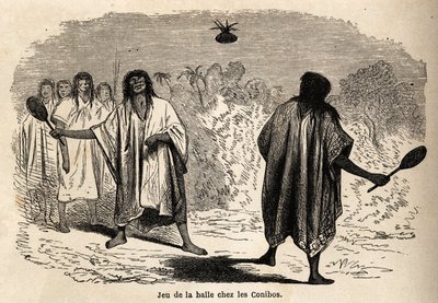 पेरु के भारतीय कॉनिबो के बीच बॉल गेम, 1848 से 1860 तक प्रशांत महासागर से अटलांटिक महासागर तक की पी. मार्कोय की समुद्री यात्रा को दर्शाने के लिए रियो द्वारा चित्रित किया गया। एडौर्ड चार्टन द्वारा संपादित "" ले टूर डू मोंडे "" में उत्कीर् द्वारा एडौर्ड रिउ