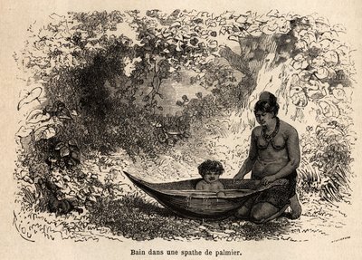 ताड़ के पत्ते में बच्चे का स्नान। प्रशांत महासागर से अटलांटिक महासागर की यात्रा का वर्णन करने के लिए रियो द्वारा आरेखण द्वारा एडौर्ड रिउ