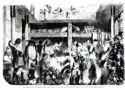 अमेरिका जाने की पूर्व संध्या - ली हावरे, सी .१५० के बंदरगाह पर एक अमेरिकी लाइनर के संचालन खंड में संयुक्त राज्य अमेरिका के लिए प्रस्थान करने वाले जर्मन प्रवासी द्वारा एडौर्ड रिउ