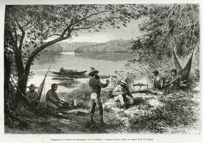 खोजकर्ताओं का शिविर, ओरेनोक और कैबुलेरो नदी के संगम पर। न्यू ग्रेनाडा और वेनेजुएला के माध्यम से अन्वेषण की यात्रा का वर्णन करने के लिए, रियो द्वारा उत्कीर्णन, नौसेना के प्रथम श्रेणी चिकित्सक डॉक्टर क्रेवॉक्स और समुद्री फार्मा ई। लेजीन द्वारा द्वारा एडौर्ड रिउ