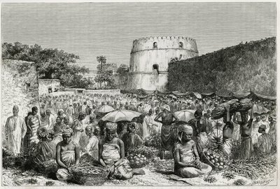 जंजीबार (तंजानिया) का फल बाजार। 1882-1883 में MGRevoil द्वारा "" जर्नी टू द बेनादिर, द ओमालिस एंड द बेयॉन "" कहानी को चित्रित करने के लिए रिओ द्वारा उत्कीर्णन। ले टूर डू मोंडे में प्रकाशित, नोव्यू जर्नल डेस वोयाजेस द्वारा एडौर्ड रिउ