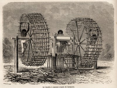 1848 से 1860 तक प्रशांत महासागर से अटलांटिक महासागर तक पॉल मार्कॉय की यात्रा को चित्रित करने के लिए, रिओ द्वारा चित्रित सरयाकू (पेरू) से गन्ना पीसने के लिए मिल। एडौर्ड चार्टन द्वारा संपादित "ले टूर डु मोंडे" में उत्कीर्णन द्वारा एडौर्ड रिउ