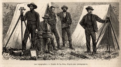 मेसर्स हेडन, डोने और लैंगफ द्वारा 1870 से 1872 तक यूनाइटेड स्टेट्स नेशनल पार्क के माध्यम से भौगोलिक मिशनों के एक सेट का चित्रण करते हुए, अमेरिकी भूवैज्ञानिक मिशन की अपनी सामग्री के साथ स्थलाकृतियों की टीम, F.Riou के चित्र के बाद उत्कीर्णन द्वारा एडौर्ड रिउ
