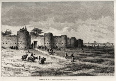 अपने किलेबंदी और मिट्टी के टावरों के साथ Tiong-Gi (Tiong Gi, Mali) का शहर। 1887-1889 में, ले टूर डू मोंडे, नोव्यू जर्नल में कैप्टन लुई गुस्ताव बिंगर (1856-1936) द्वारा कहानी "" नाइजर से गिनी की खाड़ी तक "" कहानी को चित्रित करने के लिए र द्वारा एडौर्ड रिउ